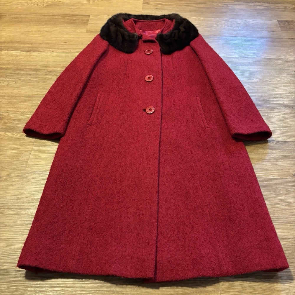 Vintage 60s Shagmoor Red Textured Wool Swing Coat Women's L Real Mink Fur Collar